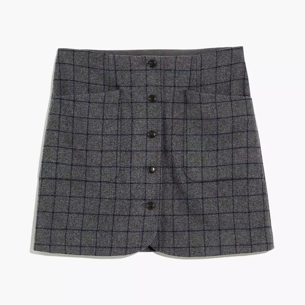 Madewell gray and blue Wool Button-Front Mini Skirt in Windowpane